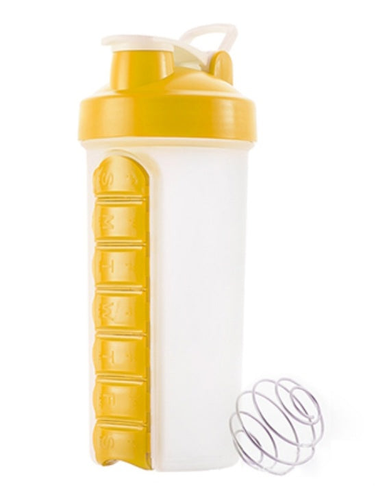 protein shaker water bottle with built in pillbox for vitamins supplements and prescriptions