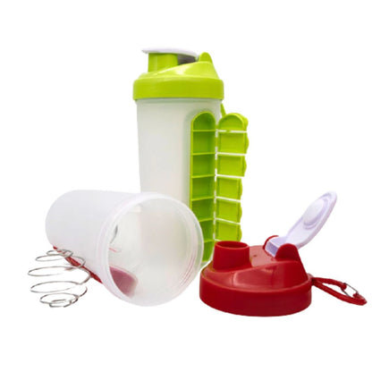 protein shaker water bottle with built in pillbox for vitamins supplements and prescriptions