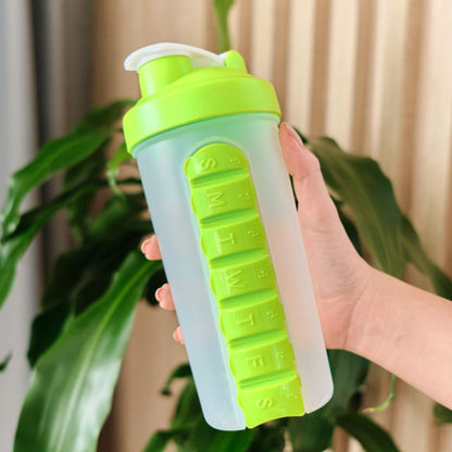 protein shaker water bottle with built in pillbox for vitamins supplements and prescriptions