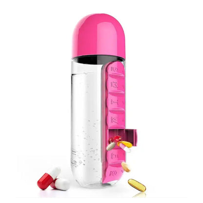 water bottle with built in pillbox for vitamins supplements and prescriptions